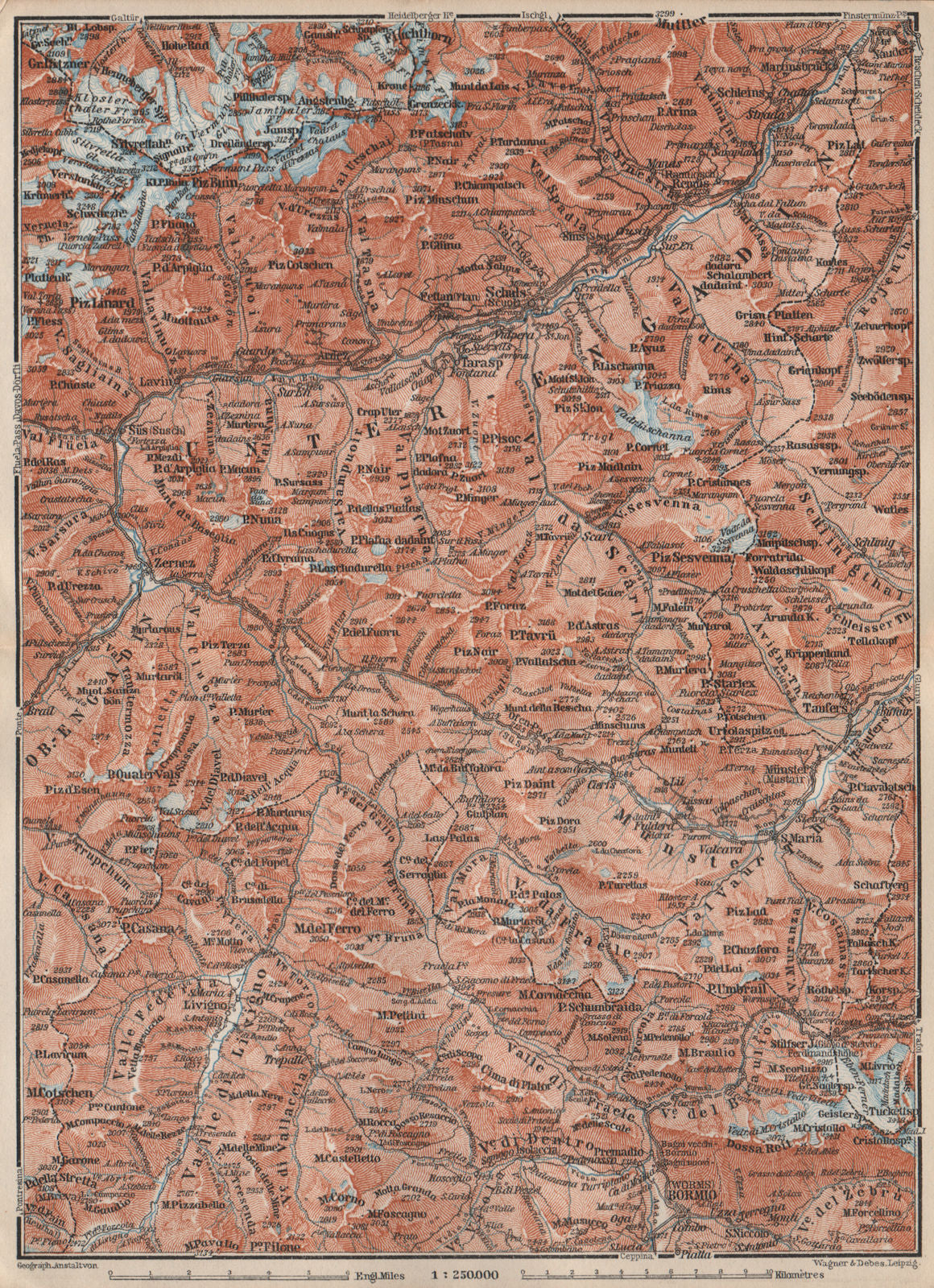 LOWER ENGADINE. Livigno Bormio Ftan Scuol Silvretta Range Piz Buin 1897 map